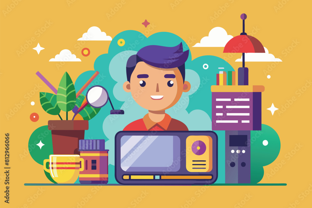 Poster a man is seated in front of a laptop computer, focusing on the screen, sync customizable cartoon ill