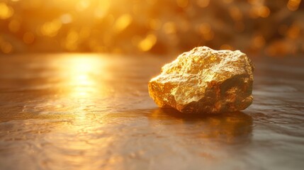 A macro shot of a single gold ingot with a single, perfectly formed gold nugget embedded in its surface