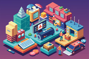 Obraz premium An illustration of a man standing next to a computer screen, Tv show Customizable Isometric Illustration