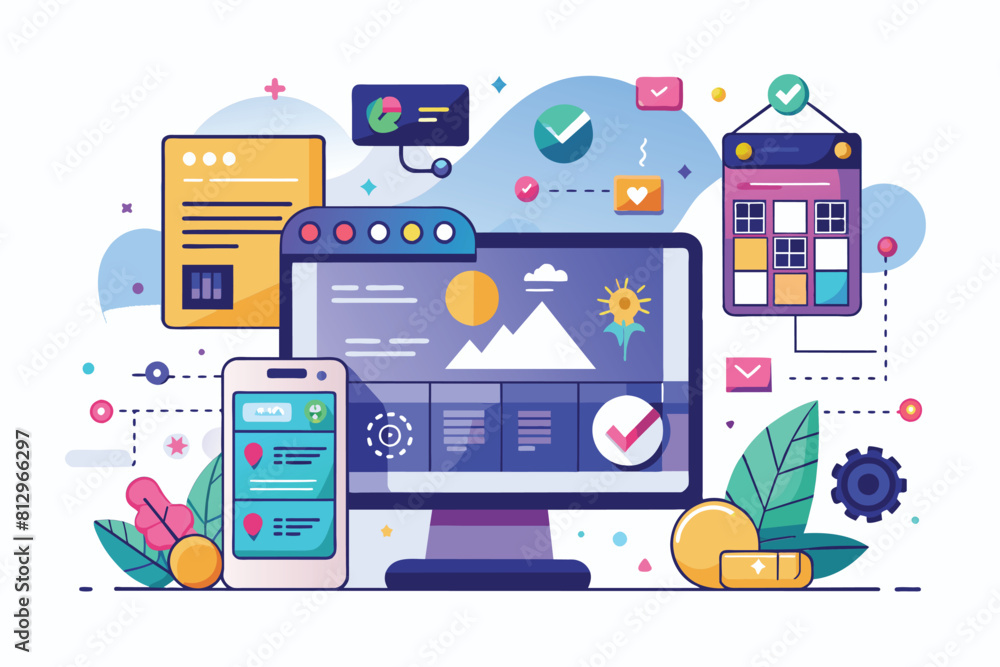 Poster a computer, phone, and tablet with icons displayed above them in a flat, customizable ui/ux design i