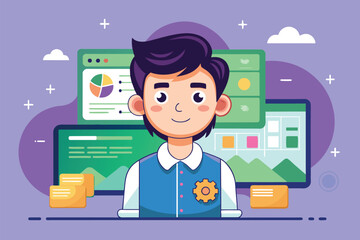 A man sitting in front of a computer screen, concentrating on his work, Ui-ux design Customizable Cartoon Illustration