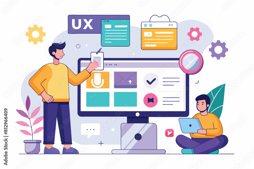 Poster a man is standing in front of a computer screen, focusing on the ui ux differences in a customizable