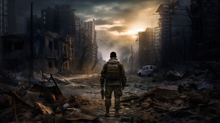 Back view of Soldier walking in destroyed city after the war