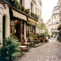 Obraz premium A Parisian street scene featuring a charming sidewalk cafe with a row of tables and chairs, inviting passersby to indulge in the city's famed cafe culture.