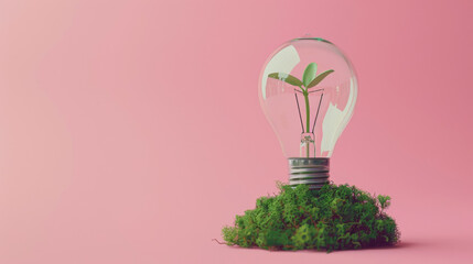 Innovative portrayal of sustainable energy with a green plant sprouting from a light bulb - obrazy, fototapety, plakaty