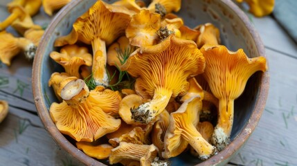 Chanterelle mushrooms are ready to cook in a bowl. 