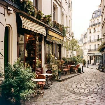 A Parisian street scene featuring a charming sidewalk cafe with a row of tables and chairs, inviting passersby to indulge in the city's famed cafe culture.