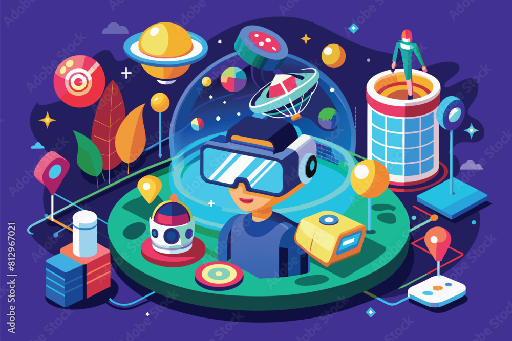 Aufkleber a man wearing a virtual reality headset is surrounded by various objects in a digital environment, v