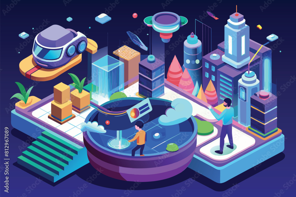 Poster a man standing in front of a futuristic cityscape, showcasing advanced architecture and technology, 