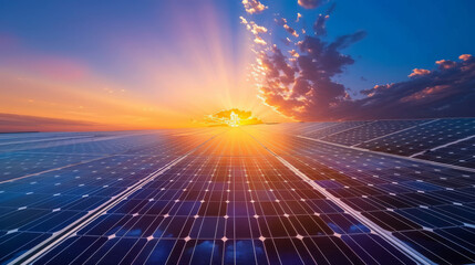 Sunlight illuminates photovoltaic panels as a symbol of renewable energy - obrazy, fototapety, plakaty