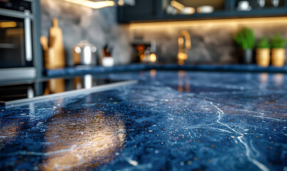 Selective focus of dark blue marble countertop on wooden  