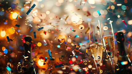 Colorful confetti falling over champagne flutes with a blurred background of bokeh lights in celebration and party concept