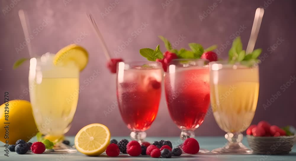 Poster spring or summer refreshing cold cocktail or mocktail with berries and lemon raspberry lemonade bein