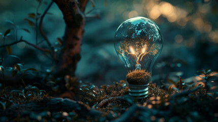 Conceptual image of a lightbulb with a tree inside, symbolizing renewable energy amidst nature - obrazy, fototapety, plakaty