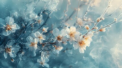 Delicate Springtime Blossoms Adorning Lush Tree Branches in Serene Floral Wonderland - obrazy, fototapety, plakaty
