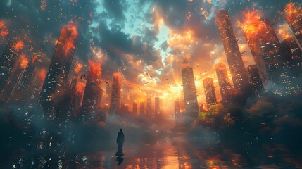 Dramatic apocalyptic cityscape with towering skyscrapers engulfed in flames and billowing smoke under a fiery,ominous sky