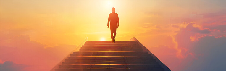 A man stands on a stairway, reaching towards the sun, symbolizing ambition and determination