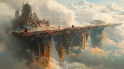 Enchanting Floating Castle Bridging the Clouds and Mirrored Waters in a Fantastical Landscape - obrazy, fototapety, plakaty