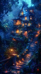 Enchanting Illuminated Fairy-tale Cottage Nestled in Snowy Winter Woodland Wonderland - obrazy, fototapety, plakaty