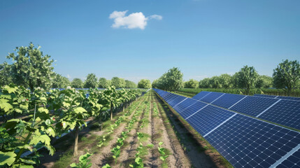 Solar panels integrated within an orchard showing renewable energy in agriculture - obrazy, fototapety, plakaty
