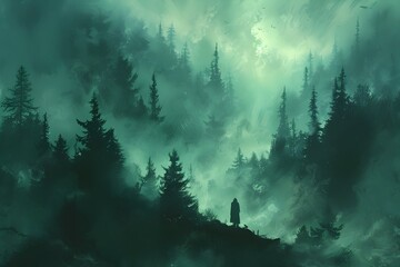 Enchanting Misty Forest Landscape with Towering Pines and Ethereal Atmosphere - obrazy, fototapety, plakaty