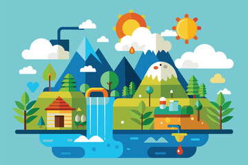 Fototapeta premium A water slide extends from the shore into the lake, providing a thrilling ride for swimmers, Water cycle Customizable Flat Illustration
