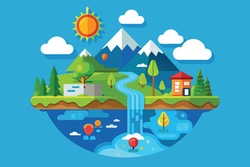 Obraz premium Flat design showing a small town with a river running through it, Water cycle Customizable Flat Illustration