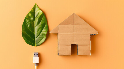 Cardboard house and green leaf with usb plug, symbolizing eco-friendly home energy