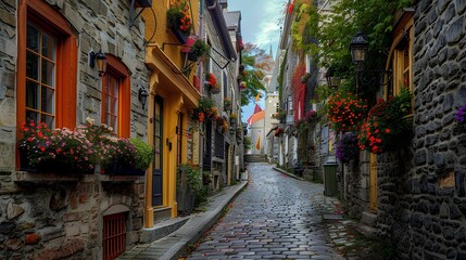 Fototapeta na wymiar A charming cobblestone alleyway winding through historic buildings adorned with flower boxes, evoking a sense of old-world charm.