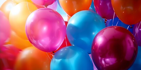 Vibrant Helium Balloons in Pink, Orange, Blue, and Red on a Bright Background. Concept Helium Balloons, Vibrant Colors, Bright Background, Pink, Orange, Blue, Red