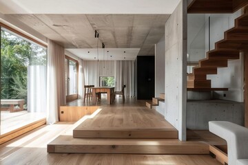 minimalist interior design with wood and concrete elements straight lines and rectangular shapes