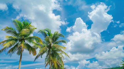 Fototapeta premium ????The vivid blue sky and lush palm trees evoke a tropical paradise, perfect for relaxation and rejuvenation.