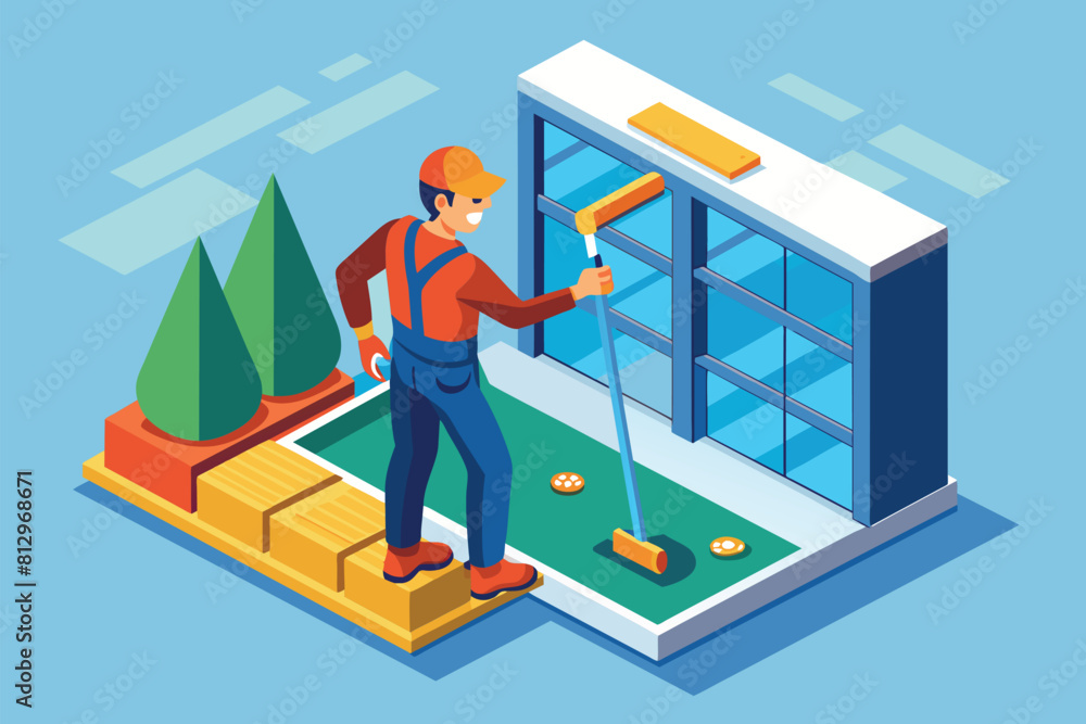 Poster a man is using a paint roller to paint a building in progress, window washer customizable isometric 