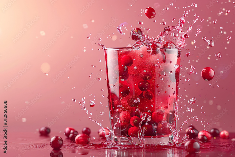 Poster a glass of cranberry juice with splashing berries, dynamic and refreshing scene on gradient backgrou