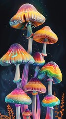 Magic Neon Mushrooms: Glowing Fantasy Illustration