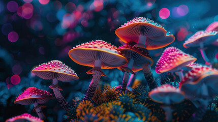 Surreal Mushroom Wonderland: Neon Colors in Fairy Tale Scene