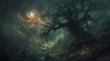 A painting of a dark, stormy night with a full moon in the sky