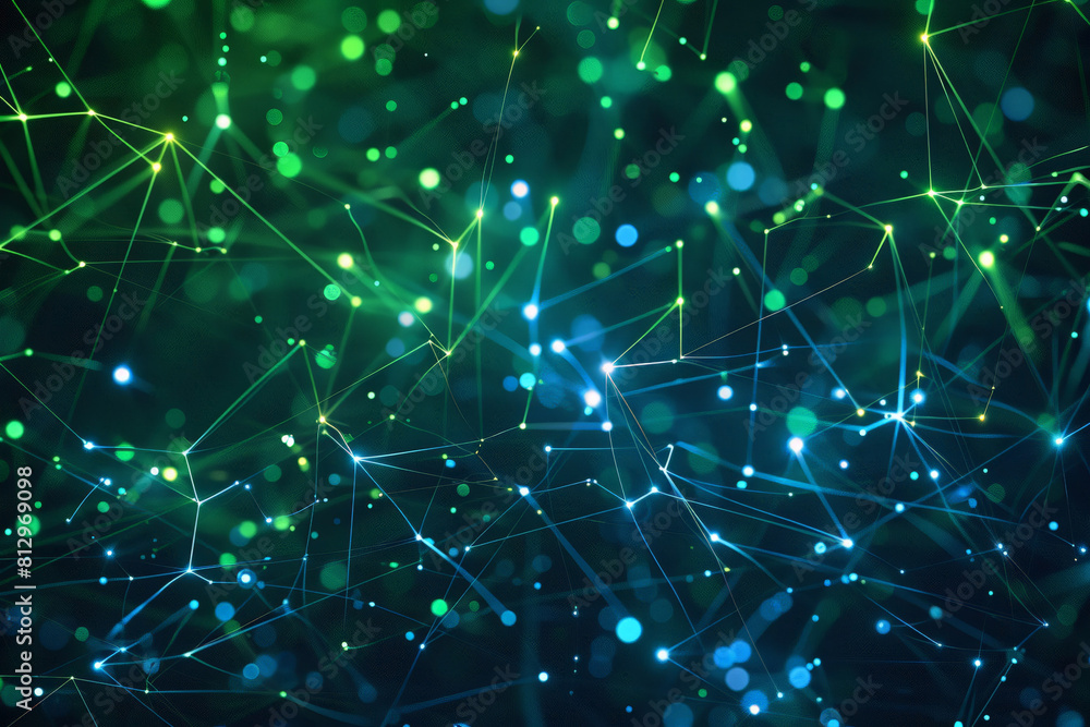 Poster abstract digital network nodes connecting, representing ai neural networks, vibrant blue and green o