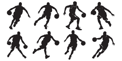 Basket Ball Player Silhouette Set Dribble,