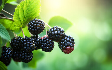 Closeup of a branch with ripe blackberries growing in the green nature.