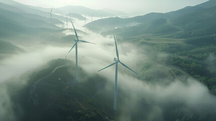 Wind turbines emerge from misty morning landscape, highlighting renewable energy