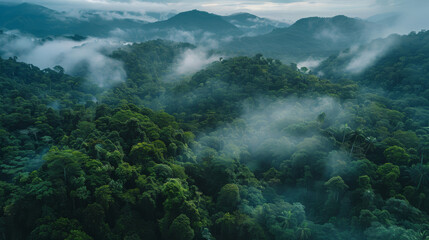 Tranquil aerial view of misty rainforest showcasing the serenity of nature