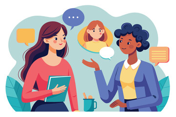 Two women engaged in conversation with speech bubbles above them, communicating with each other verbally, Women talking Customizable Disproportionate Illustration