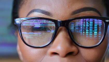 Data reflecting on eyeglasses on woman's face
