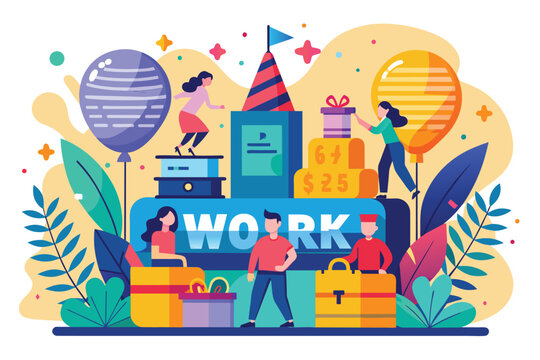A group of individuals standing together near a work sign in a customizable flat illustration, Work anniversary Customizable Flat Illustration
