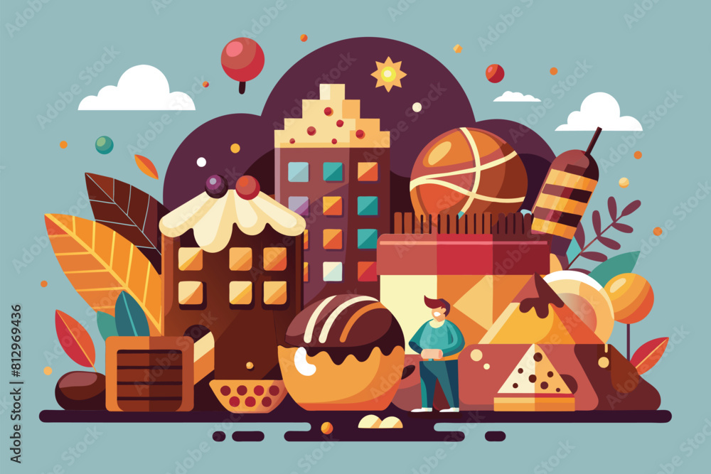Poster a man stands before a collection of assorted objects in a piled arrangement, world chocolate day cus