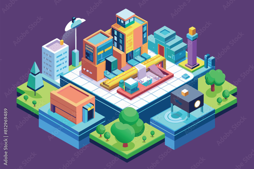 Poster clean and simple flat design of a cityscape with various buildings and trees, yes or no customizable