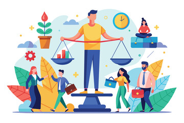 A man is standing on top of a scale with a group of people around him, Work life balance Customizable Flat Illustration