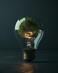 Illuminated lightbulb contains a lively tree, representing sustainable energy solutions
