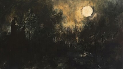 A person is standing in front of a tree in a dark forest